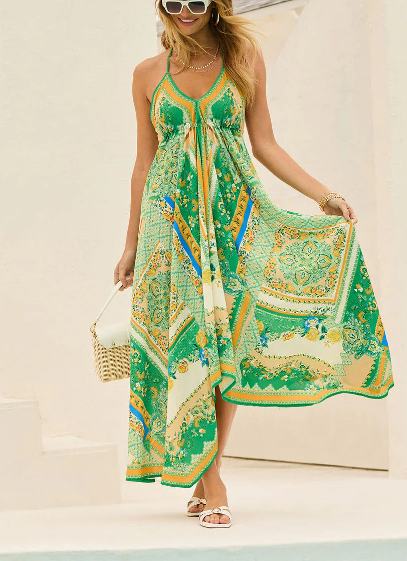 Ladies Strapless V-neck Women's Beach Halter Backless Printed Fairy Long Temperament Dresses Swing Dresses