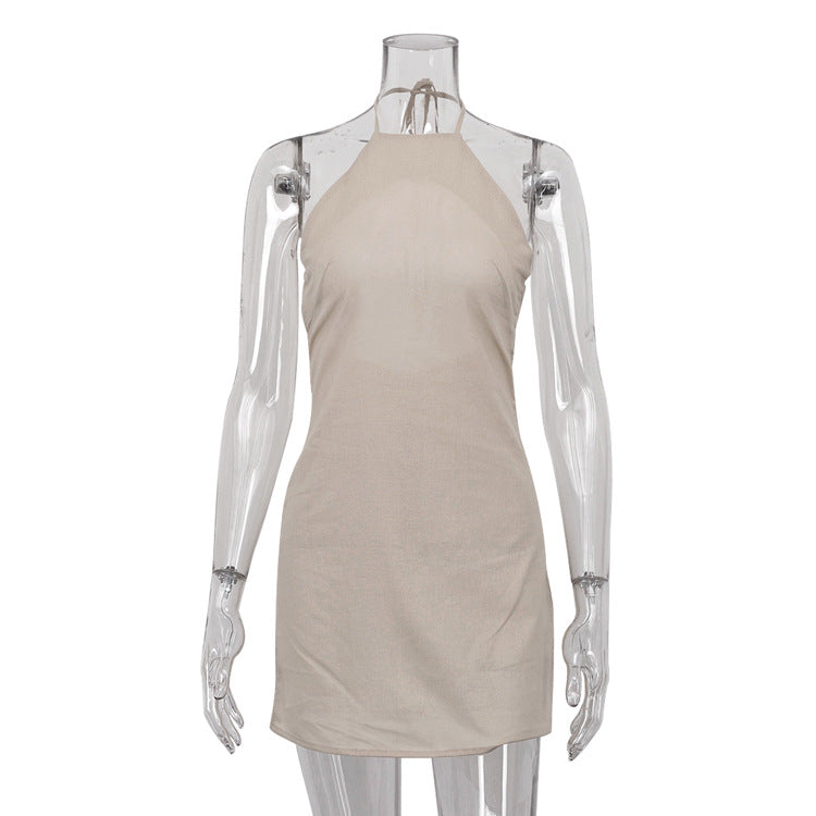 Cotton Linen Dress Backless Halter Lace up A line Dress