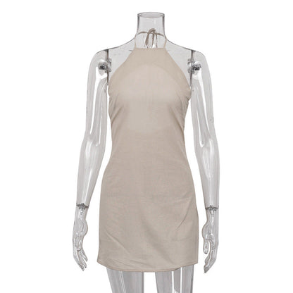 Cotton Linen Dress Backless Halter Lace up A line Dress