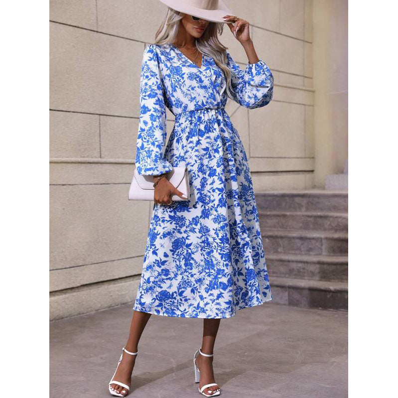 Toile Floral Print Surplice V-Neck Lantern Sleeve Tie Waist Side Slit Midi Dress