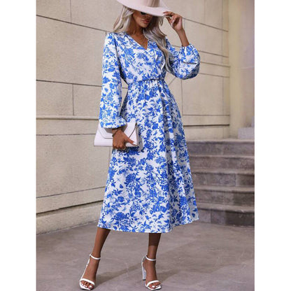Toile Floral Print Surplice V-Neck Lantern Sleeve Tie Waist Side Slit Midi Dress