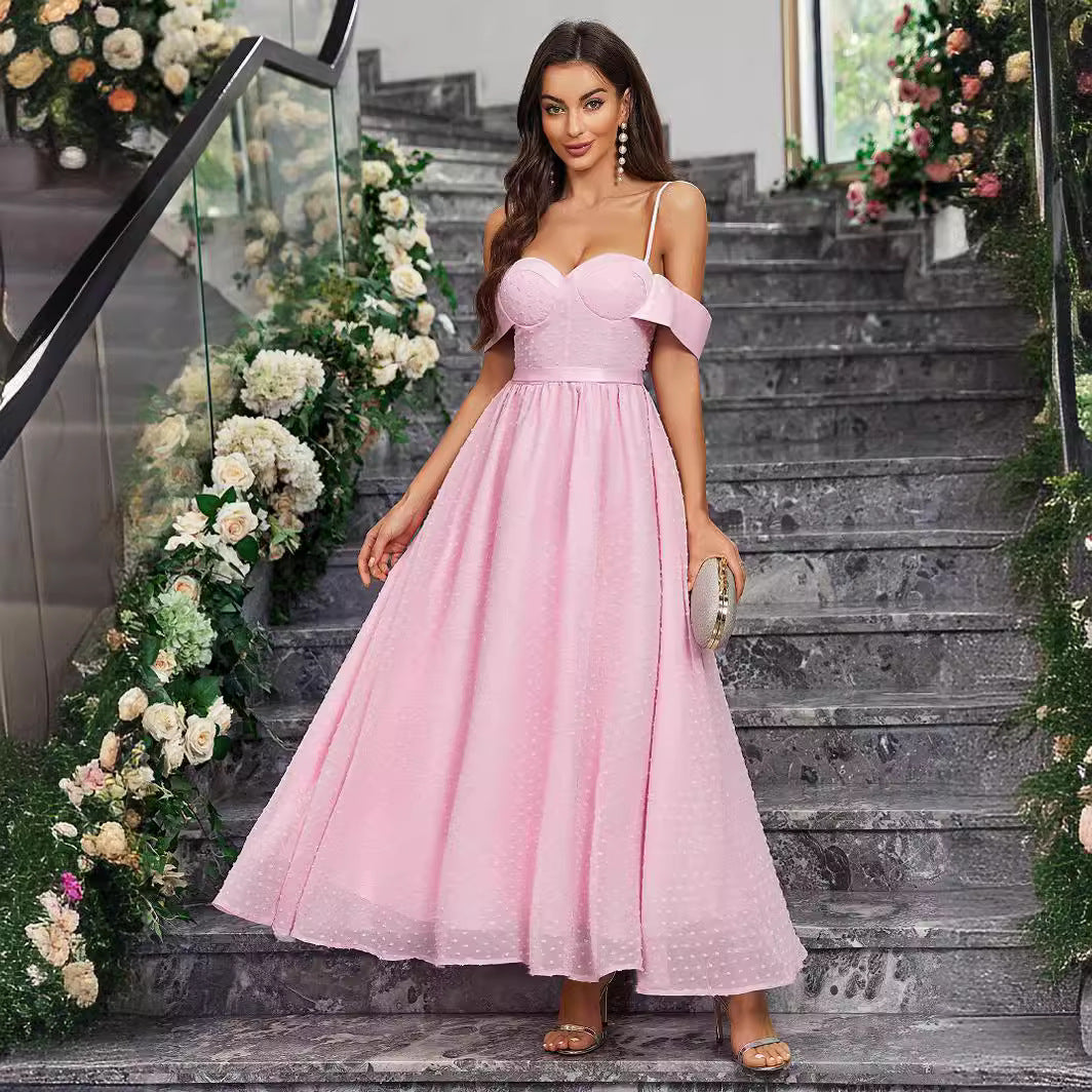 Sweetheart Spaghetti Strap Cold Shoulder Swiss Dot Corset Bodice Maxi Dress