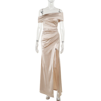 Mercerized Off The Shoulder Gown Split Socialite Split Maxi Dress