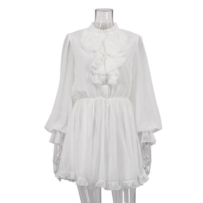 French Elegant Short Design Ruffled StCollar Long Sleeve Elastic Waist A line Dress