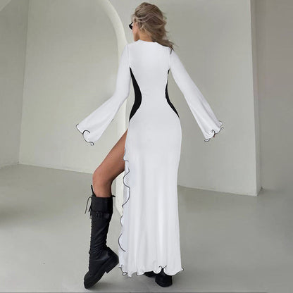 Fall Slim Fit High Waist Stitching Split Long Sleeve