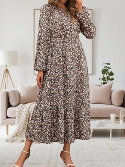 Ditsy Floral Round Neck Long Sleeve Smocked Waist Tiered Ruffle Maxi Dress