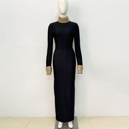 Diamond Bead Long Sleeve Bandage Dress Backless Party Cocktail Dress