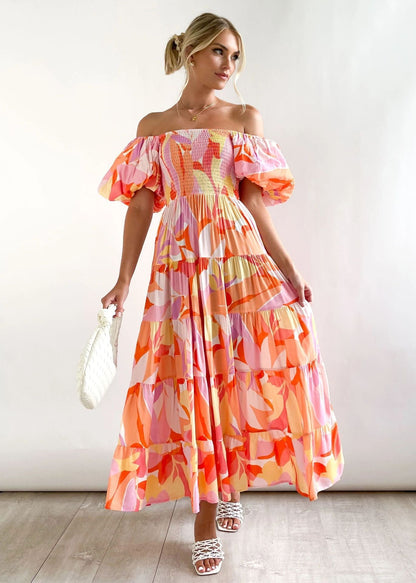 Holiday Slim Fit Backless Large Swing Dress off-Neck Printed Dress Summer