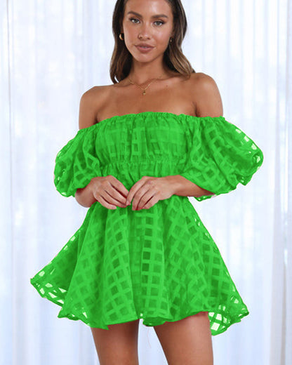 Off Shoulder Puff Sleeve Windowpane Organza Shirred Mini Dress