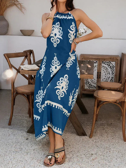 Blue Tribal Print Women Maxi Dress Summer Sundress