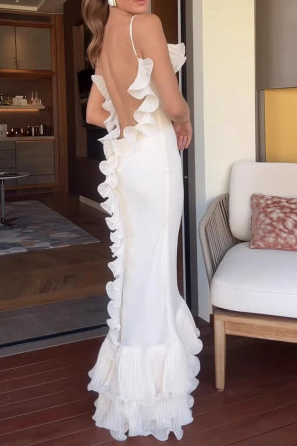 Alisin Pleated Chiffon Wavy Ruffles Trim Slip Maxi Dress