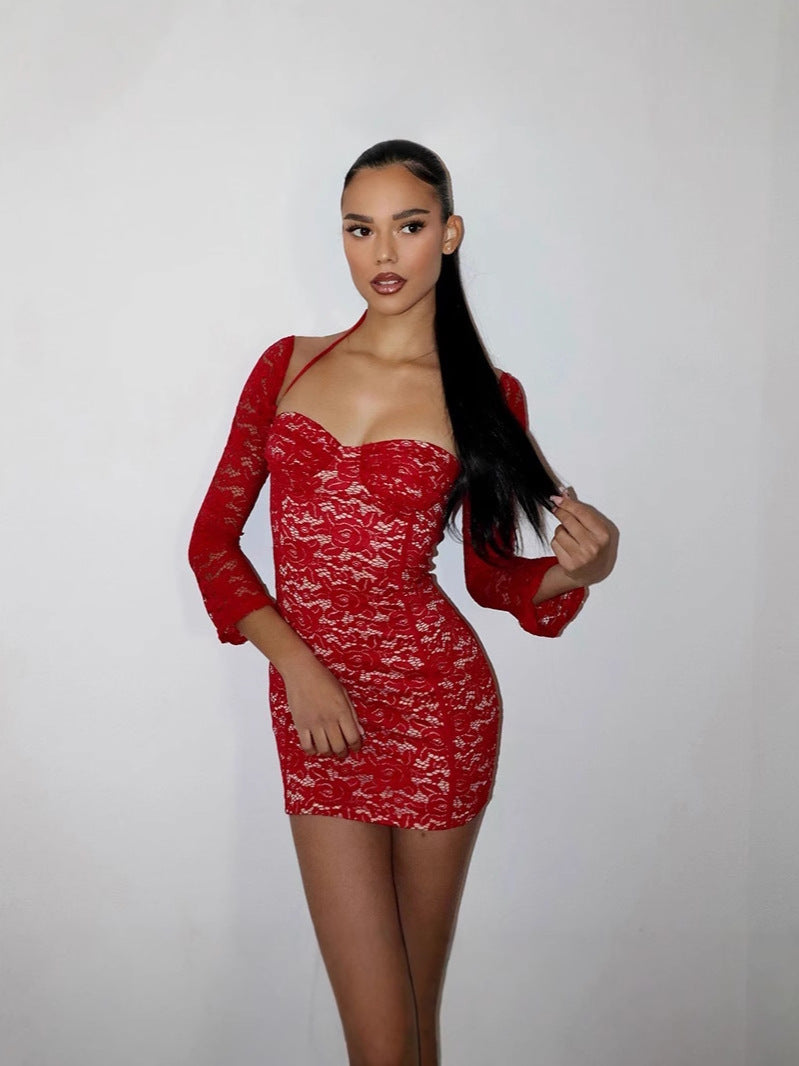 Floral Lace Sweetheart Halter Neck Detached Sleeve Bodycon Mini Dress