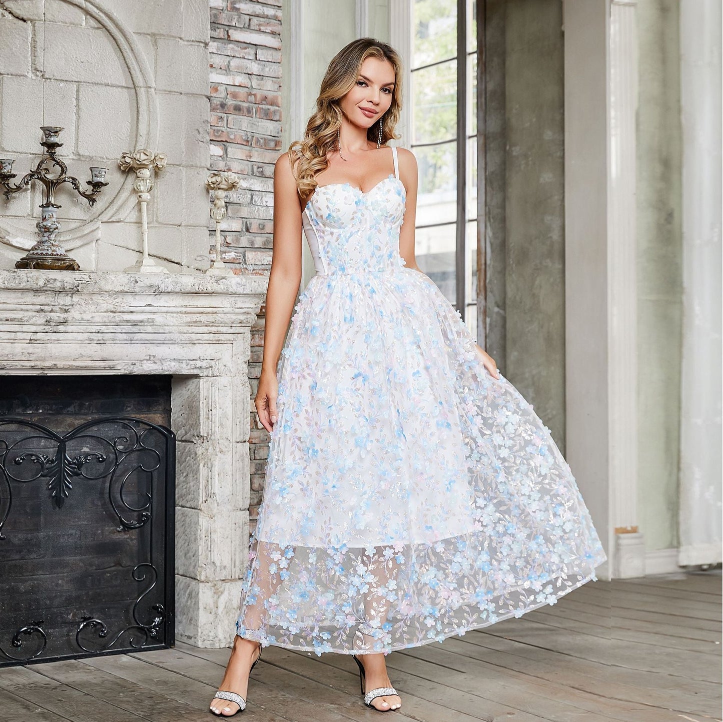 Boning Corset Waist Strap Three Dimensional Floral Fairy Dress Sweet Fresh Maxi Dress