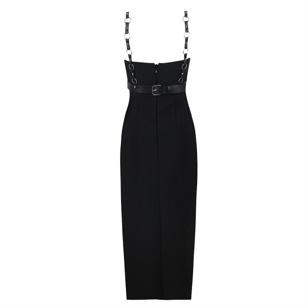 Niche Belt Strap Chain Split Bandage Dress