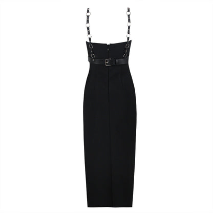 Niche Belt Strap Chain Split Bandage Dress