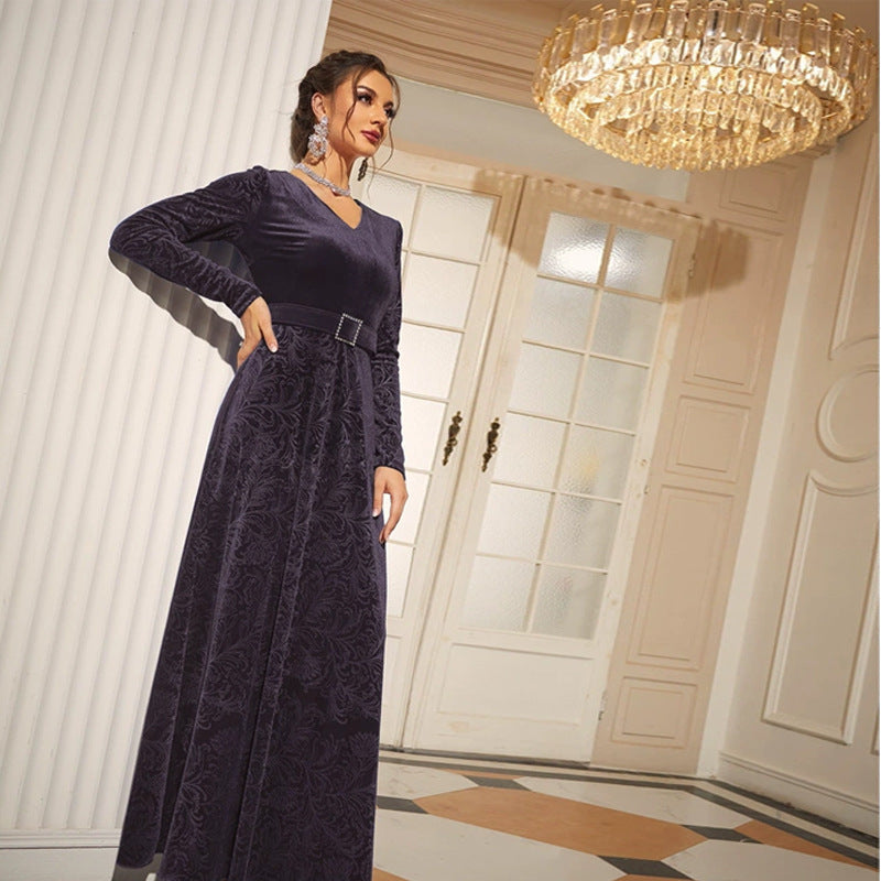 V Neck Long Sleeve Velvet Jacquard Rhinestone Buckle Belt Maxi Dress