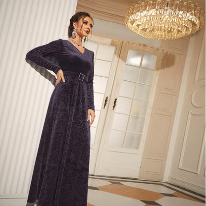 V Neck Long Sleeve Velvet Jacquard Rhinestone Buckle Belt Maxi Dress