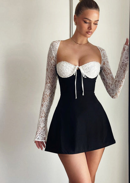 Sweetheart Neck Lace Cup Tie Front Long Sleeve Off Shoulder Contrast Bodycon Mini Dress