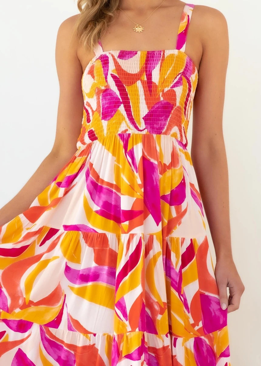 Camisole Tube Top Cinched Waist Large Printed Dress for Abstract Floral