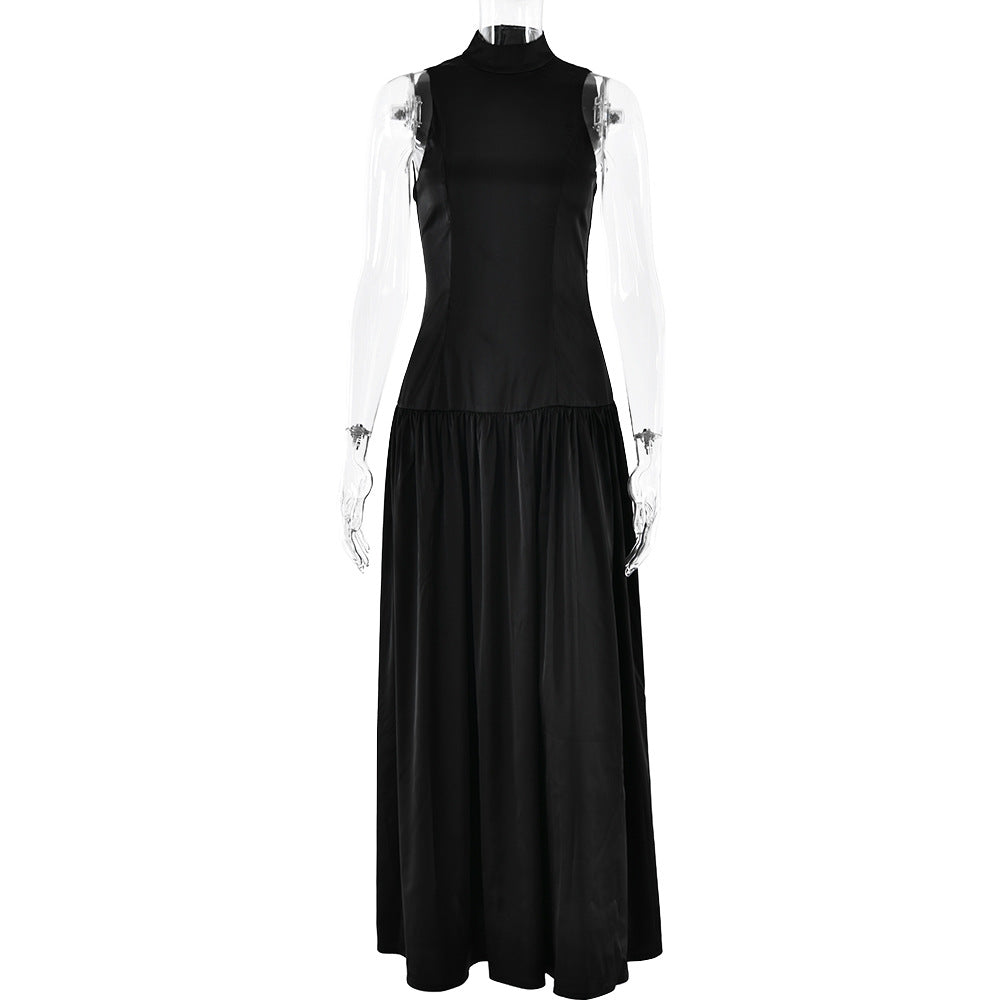 Round Neck Dress Sleeveless Backless Slim Fit Satin Dress