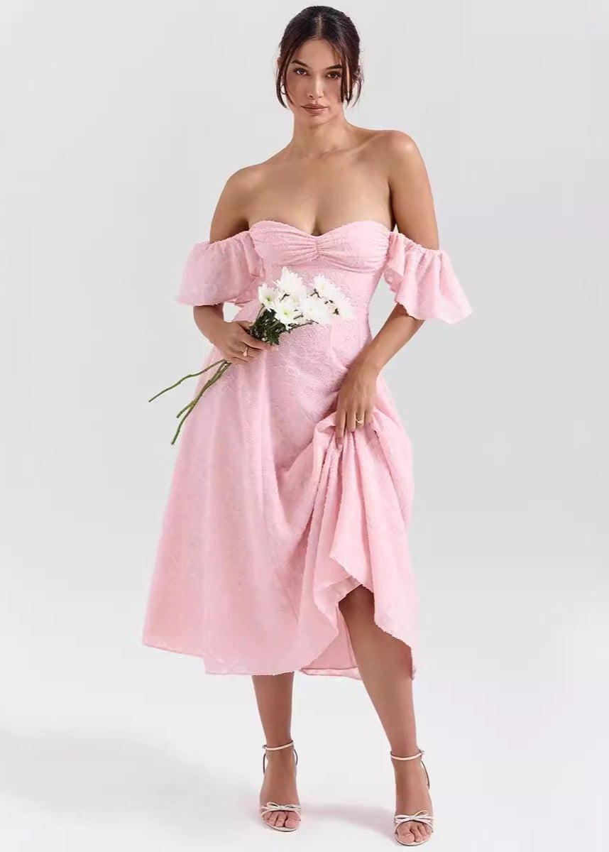 Floral Jacquard Sweetheart Ruched Bustier Flutter Sleeve Fit and Flare Midi Dress
