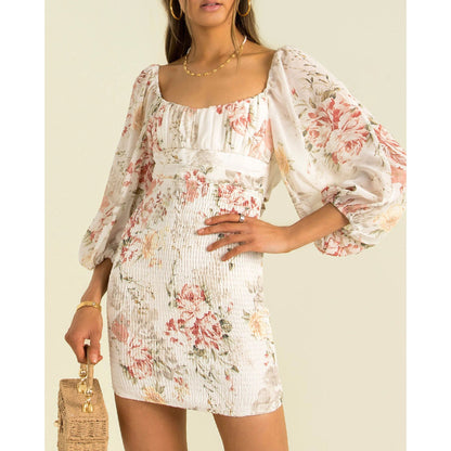Emberly Linen Floral Puff Sleeve Mini Dress - Ivory Multi