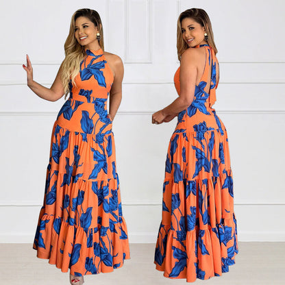 Printed Elegant Halter Large Swing Dress Dress