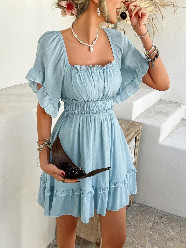 Light Blue Ruffle Mini Dress Off Shoulder Summer Dress