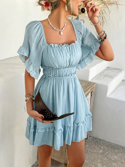 Light Blue Ruffle Mini Dress Off Shoulder Summer Dress