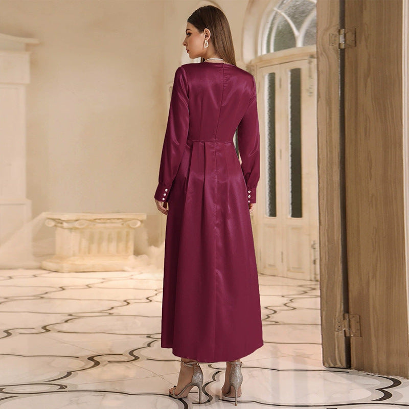 Round Neck Long Sleeve Satin A-Line Maxi Dress