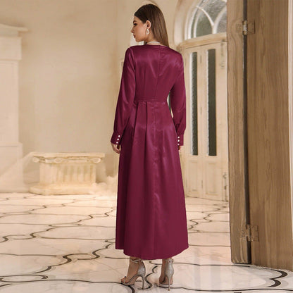 Round Neck Long Sleeve Satin A-Line Maxi Dress