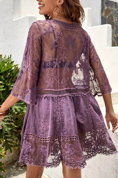 Lace V Neck Hollow Short Sleeved Cover Up