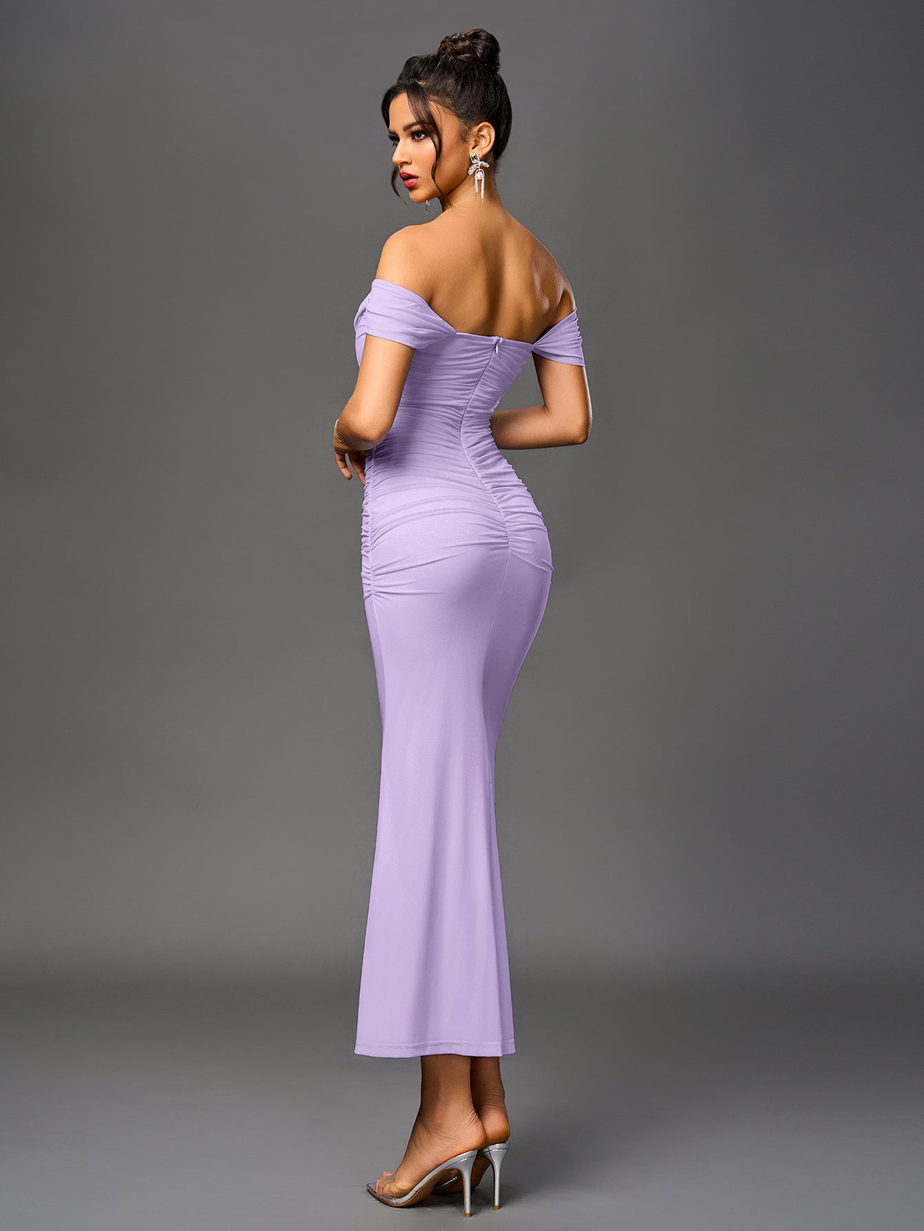 Off Shoulder Ruched Zipper Back Bodycon Dress