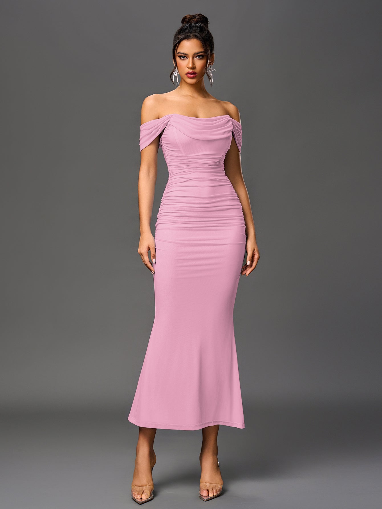 Off Shoulder Ruched Zipper Back Bodycon Dress
