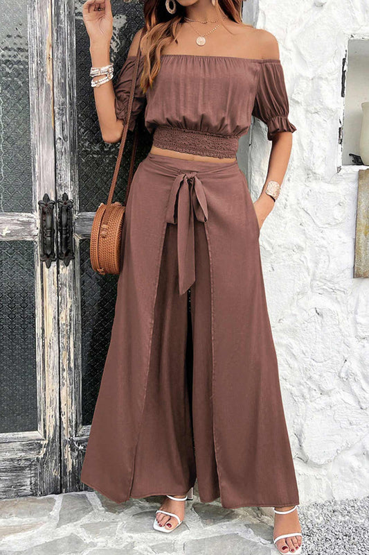 Off-shoulder Crop Top Tie-up Pants Suits