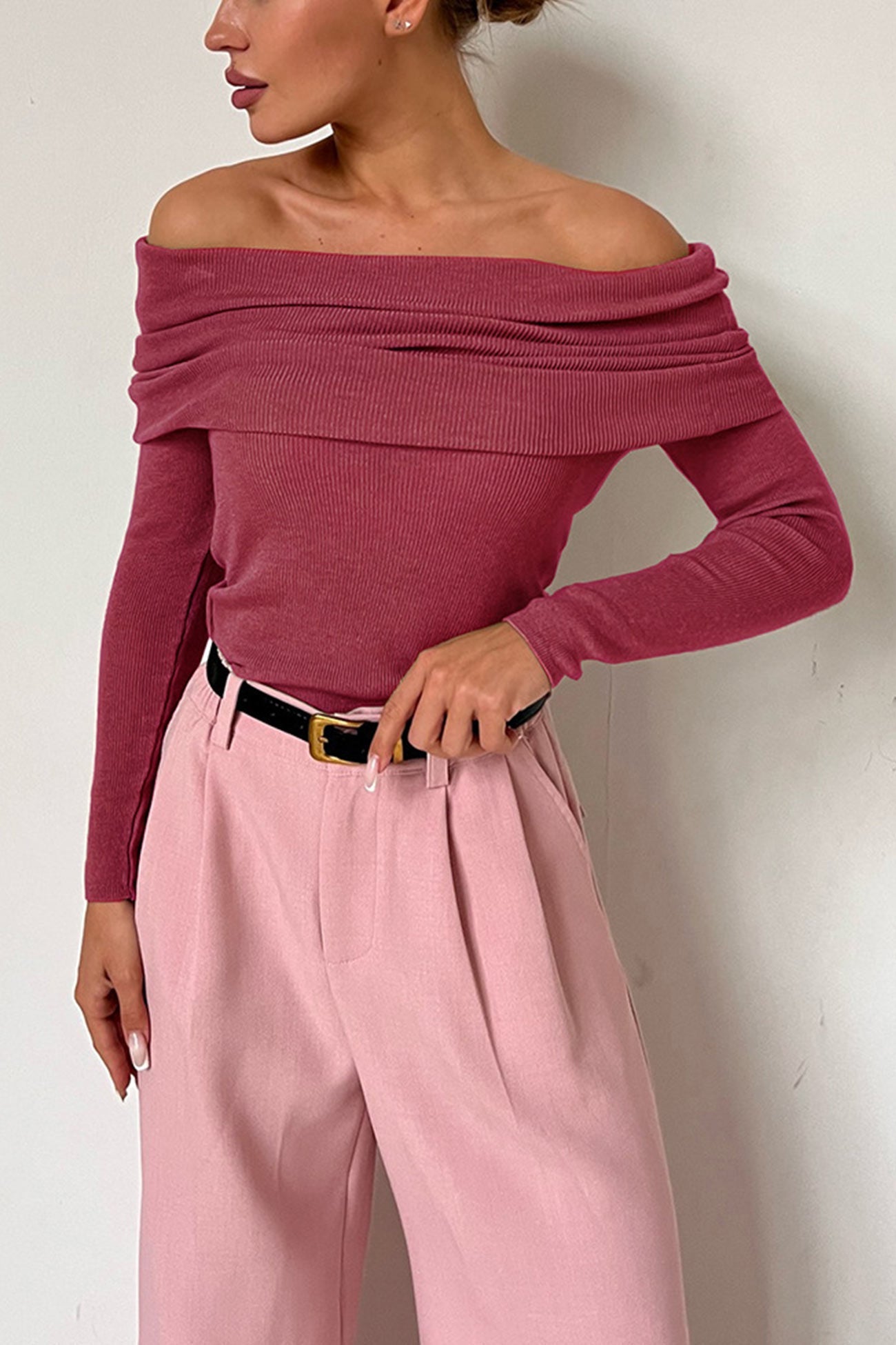 Off-shoulder Long Sleeve Knit Tops