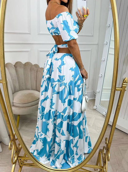 Off Shoulder Puff Sleeve Cut Out Waist Tiered Floral Print Maxi Dress