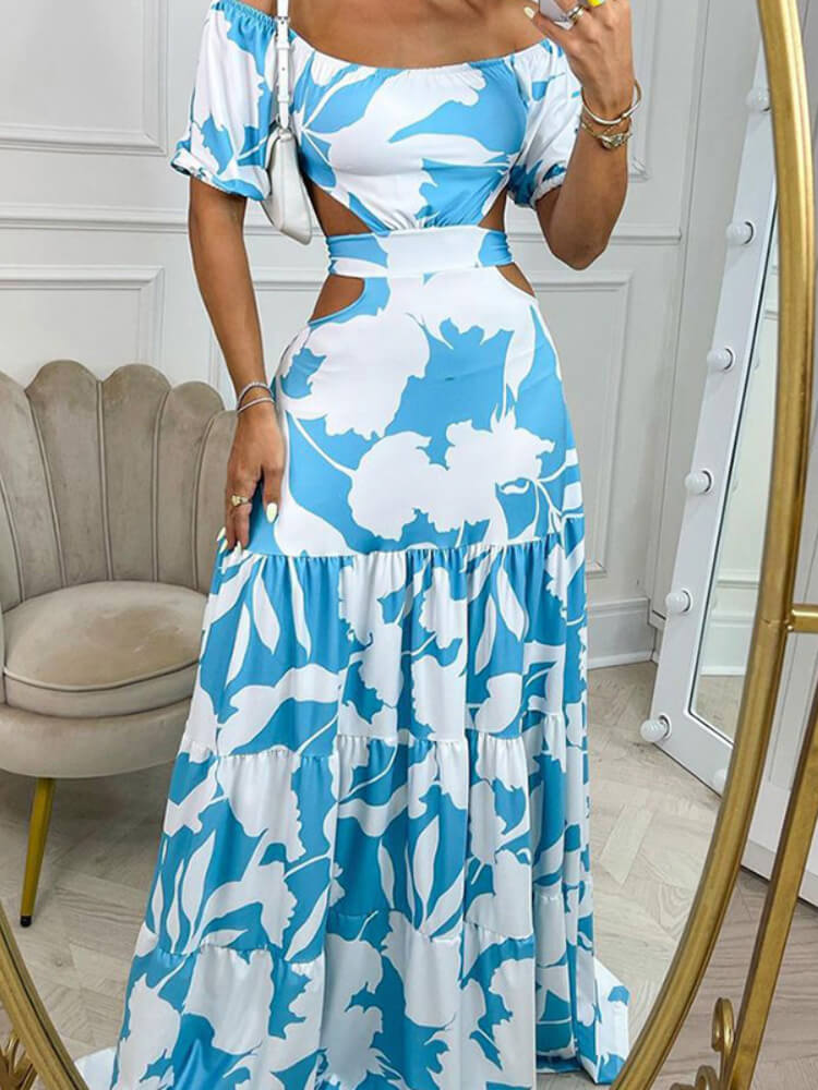 Off Shoulder Puff Sleeve Cut Out Waist Tiered Floral Print Maxi Dress