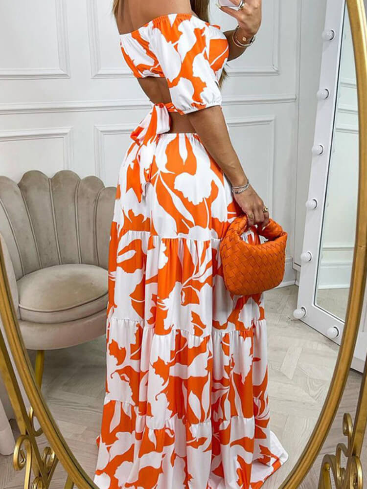 Off Shoulder Puff Sleeve Cut Out Waist Tiered Floral Print Maxi Dress