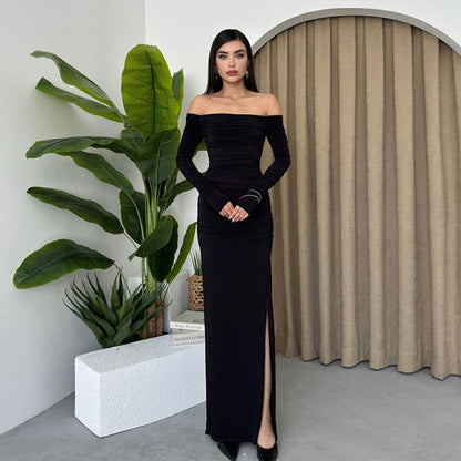 Off Shoulder Chest Slimming Pleated Split SocialiteElegant Dress