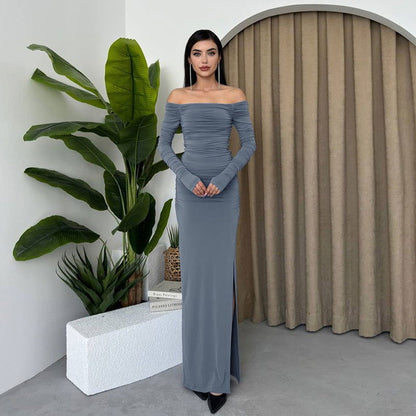 Off Shoulder Chest Slimming Pleated Split SocialiteElegant Dress