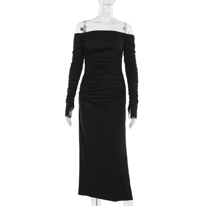 Off Shoulder Chest Slimming Pleated Split SocialiteElegant Dress