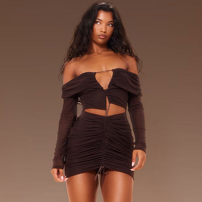 Off Shoulder Collar Cutout Pleated Lace Up Backless Dress