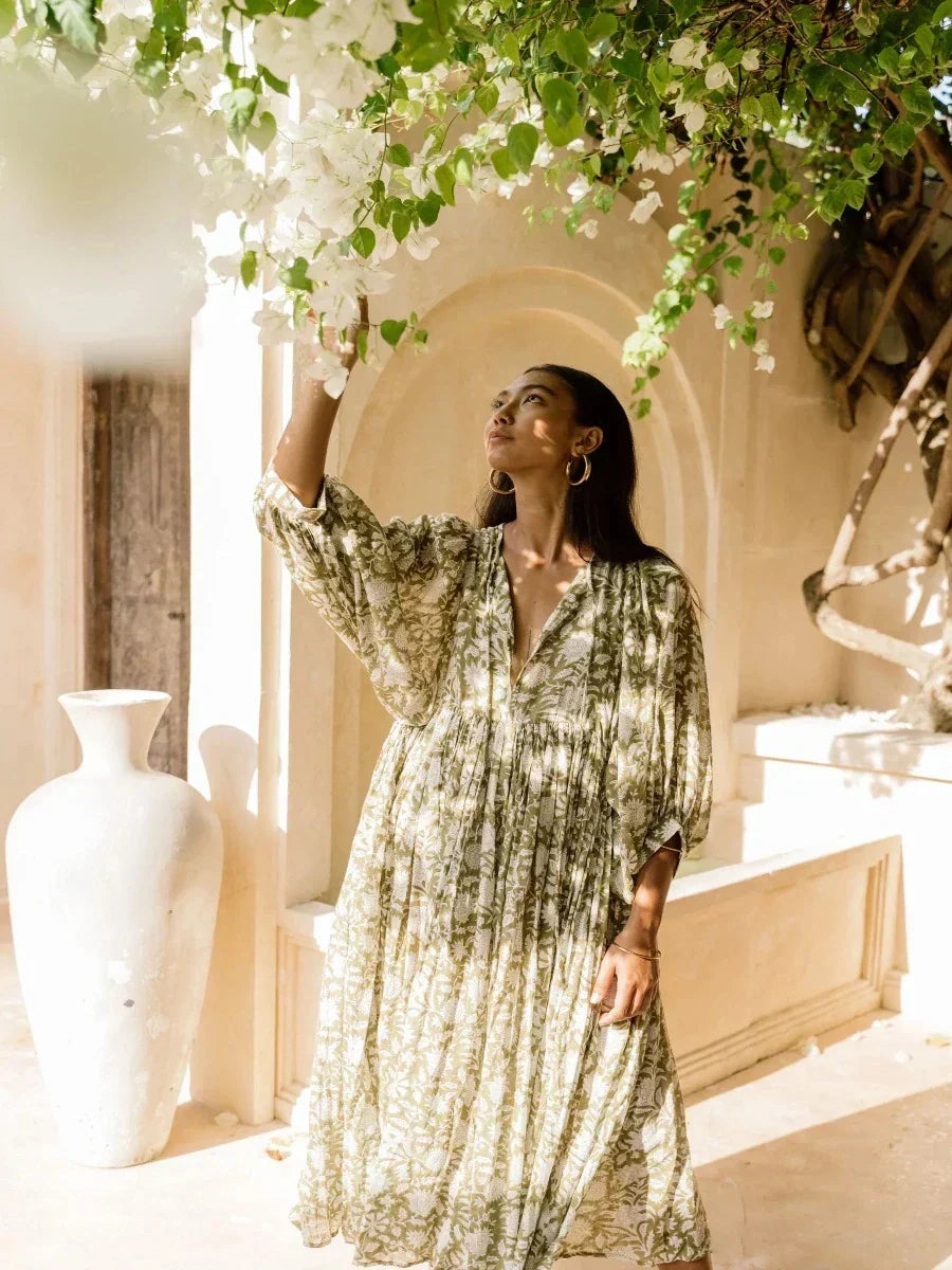 Botanical Block Print Tie-Neck Balloon Sleeve Empire Waist Midi Dress