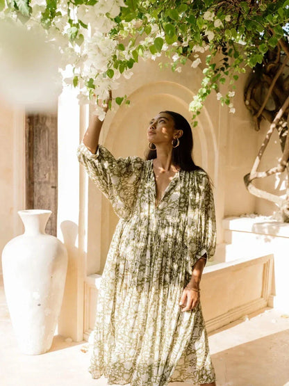 Botanical Block Print Tie-Neck Balloon Sleeve Empire Waist Midi Dress