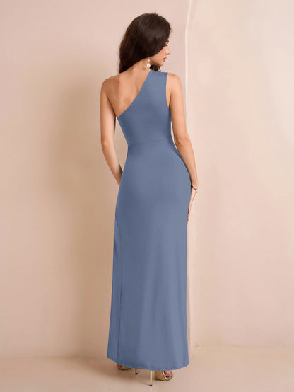 One Shoulder Ruched Waist Split Thigh Solid Dress