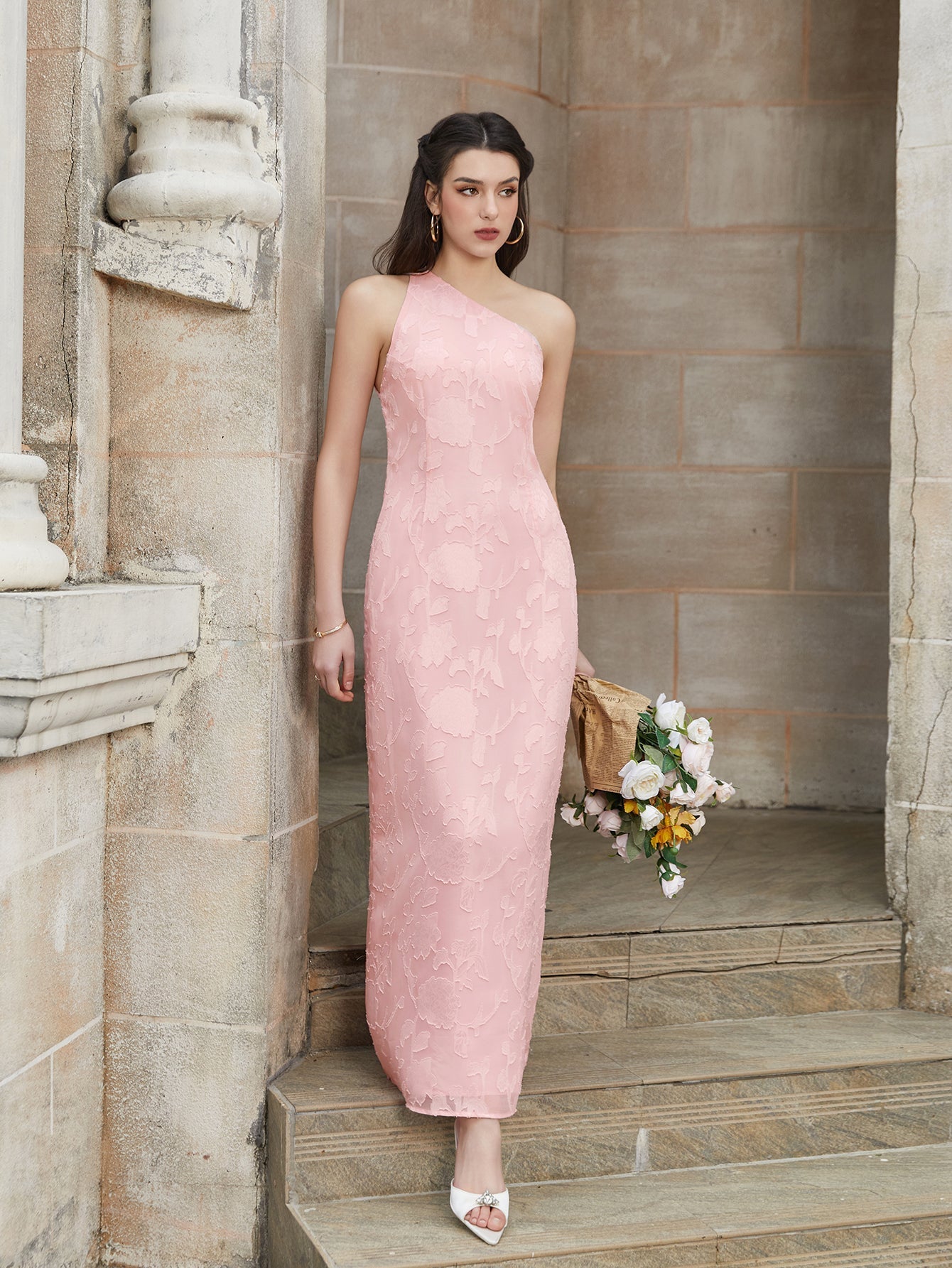 One Shoulder Tie Back Backless Jacquard Long Dress
