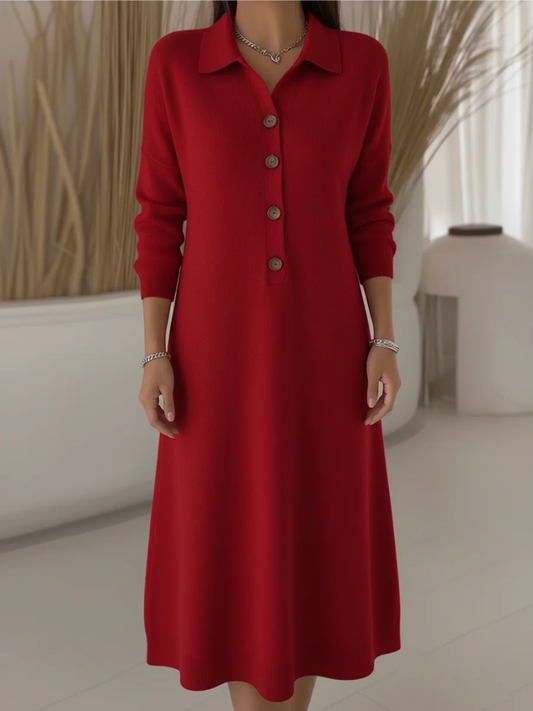 Women's Long Red Button-Down Dress – Collared Longsleeve Maxi Dress