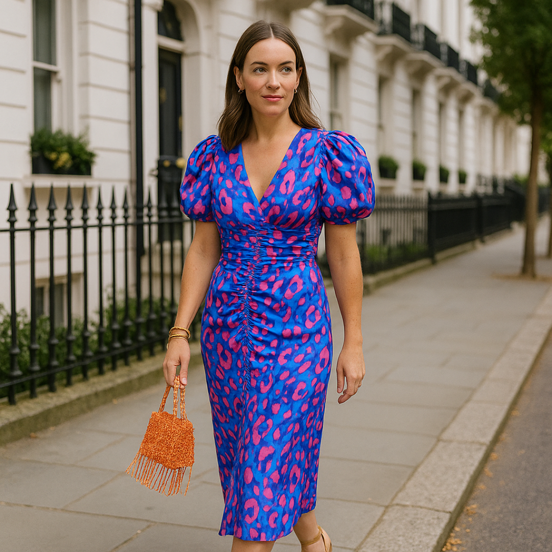 Abstract Print Puff Sleeve Deep V-Neck Ruched Bodycon Midi Dress