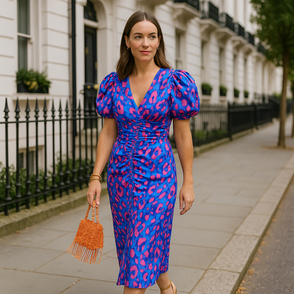 Abstract Print Puff Sleeve Deep V-Neck Ruched Bodycon Midi Dress